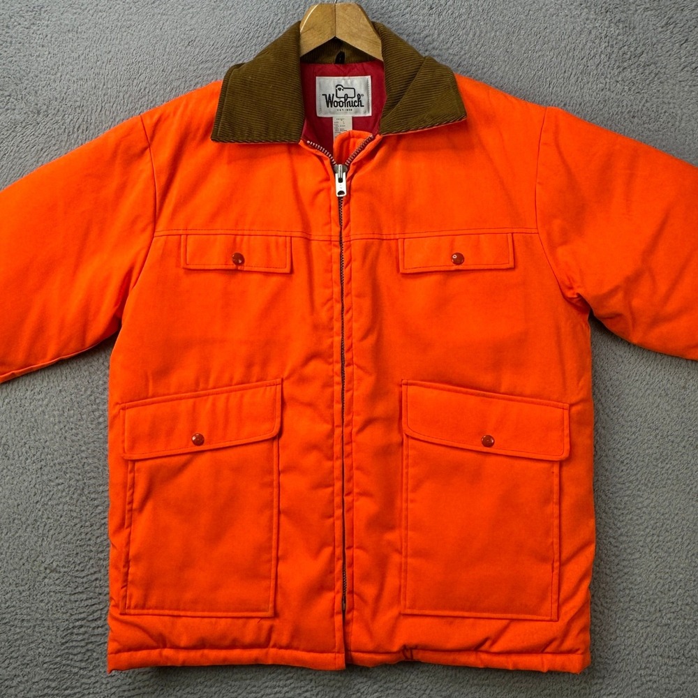 Woolrich Men Large Jacket Hunting Orange Quilted Lined Flap Pocket Field Outdoor - Picture 3 of 10